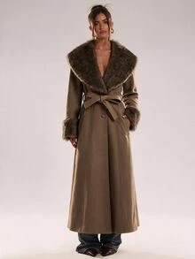 SHEIN BAE Women's Vintage Faux Fur Patchwork Button Trench Coat - Khaki - View 2