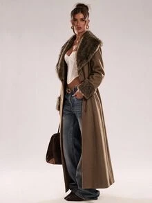 SHEIN BAE Women's Vintage Faux Fur Patchwork Button Trench Coat - Khaki - View 1