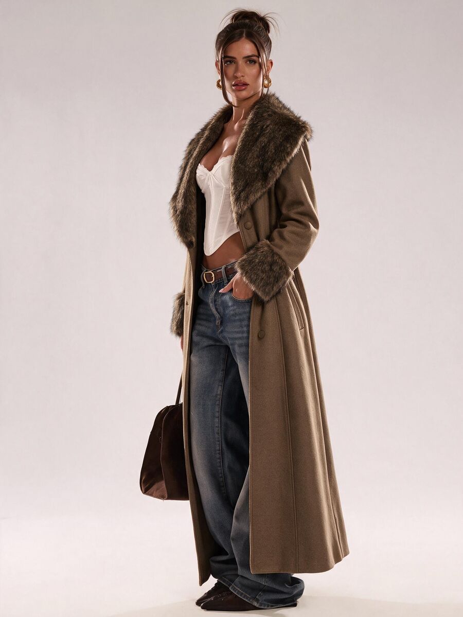SHEIN BAE Women's Vintage Faux Fur Patchwork Button Trench Coat - Khaki - View 1