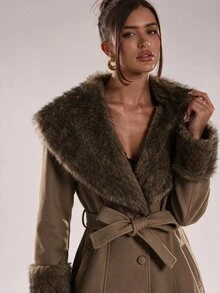 SHEIN BAE Women's Vintage Faux Fur Patchwork Button Trench Coat - Khaki - View 3