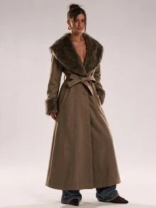 SHEIN BAE Women's Vintage Faux Fur Patchwork Button Trench Coat - Khaki - View 5