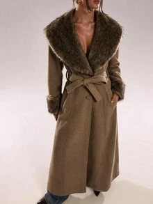SHEIN BAE Women's Vintage Faux Fur Patchwork Button Trench Coat - Khaki - View 6