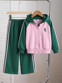 SHEIN Elladie kids Girls 2 Pieces Color Block Tracksuit Set Raglan Sleeve Zip Up Hooded Jacket Leg Pants With Side Stripes, Contrast Pink & Green Athletic Christmas Outfit - Green - View 8