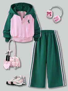 SHEIN Elladie kids Girls 2 Pieces Color Block Tracksuit Set Raglan Sleeve Zip Up Hooded Jacket Leg Pants With Side Stripes, Contrast Pink & Green Athletic Christmas Outfit - Green - View 9