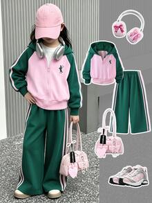 SHEIN Elladie kids Girls 2 Pieces Color Block Tracksuit Set Raglan Sleeve Zip Up Hooded Jacket Leg Pants With Side Stripes, Contrast Pink & Green Athletic Christmas Outfit - Green - View 5
