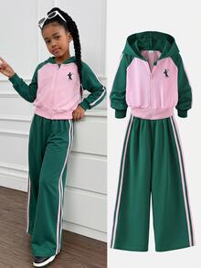 SHEIN Elladie kids Girls 2 Pieces Color Block Tracksuit Set Raglan Sleeve Zip Up Hooded Jacket Leg Pants With Side Stripes, Contrast Pink & Green Athletic Christmas Outfit - Green - View 3