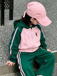 SHEIN Elladie kids Girls 2 Pieces Color Block Tracksuit Set Raglan Sleeve Zip Up Hooded Jacket Leg Pants With Side Stripes, Contrast Pink & Green Athletic Christmas Outfit - Green - View 6