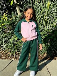 SHEIN Elladie kids Girls 2 Pieces Color Block Tracksuit Set Raglan Sleeve Zip Up Hooded Jacket Leg Pants With Side Stripes, Contrast Pink & Green Athletic Christmas Outfit - Green - View 7