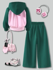 SHEIN Elladie kids Girls 2 Pieces Color Block Tracksuit Set Raglan Sleeve Zip Up Hooded Jacket Leg Pants With Side Stripes, Contrast Pink & Green Athletic Christmas Outfit - Green - View 2