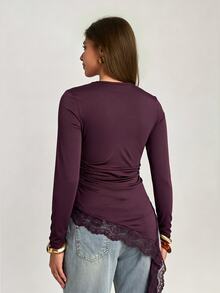 Firerie Solid Contrast Lace Asymmetrical Hem Ruched Waist Tee - Red Violet - View 6