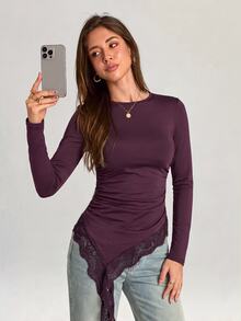 Firerie Solid Contrast Lace Asymmetrical Hem Ruched Waist Tee - Red Violet - View 9