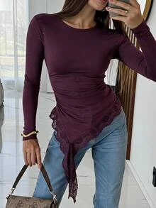 Firerie Solid Contrast Lace Asymmetrical Hem Ruched Waist Tee - Red Violet - View 3