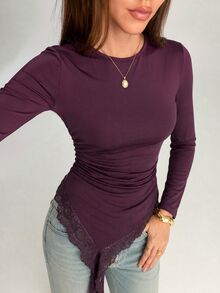 Firerie Solid Contrast Lace Asymmetrical Hem Ruched Waist Tee - Red Violet - View 7