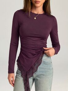 Firerie Solid Contrast Lace Asymmetrical Hem Ruched Waist Tee - Red Violet - View 10