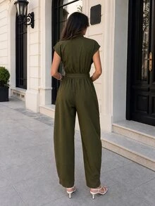 Firerie Women's Casual Daily Fashion Commute Back To School Season Palace Style Napoleon Button Row Button Sleeveless Belt Army Green Carrot Leg Jumpsuit - Army Green - View 13