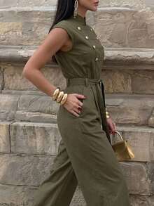 Firerie Women's Casual Daily Fashion Commute Back To School Season Palace Style Napoleon Button Row Button Sleeveless Belt Army Green Carrot Leg Jumpsuit - Army Green - View 2