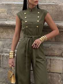 Firerie Women's Casual Daily Fashion Commute Back To School Season Palace Style Napoleon Button Row Button Sleeveless Belt Army Green Carrot Leg Jumpsuit - Army Green - View 5