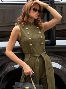 Firerie Women's Casual Daily Fashion Commute Back To School Season Palace Style Napoleon Button Row Button Sleeveless Belt Army Green Carrot Leg Jumpsuit - Army Green - View 6