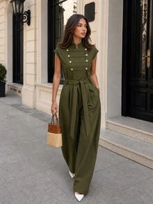 Firerie Women's Casual Daily Fashion Commute Back To School Season Palace Style Napoleon Button Row Button Sleeveless Belt Army Green Carrot Leg Jumpsuit - Army Green - View 11