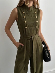 Firerie Women's Casual Daily Fashion Commute Back To School Season Palace Style Napoleon Button Row Button Sleeveless Belt Army Green Carrot Leg Jumpsuit - Army Green - View 15