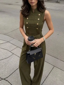 Firerie Women's Casual Daily Fashion Commute Back To School Season Palace Style Napoleon Button Row Button Sleeveless Belt Army Green Carrot Leg Jumpsuit - Army Green - View 9