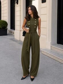 Firerie Women's Casual Daily Fashion Commute Back To School Season Palace Style Napoleon Button Row Button Sleeveless Belt Army Green Carrot Leg Jumpsuit - Army Green - View 12