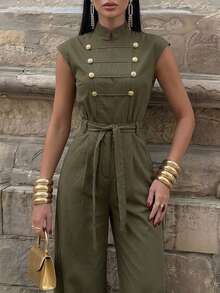 Firerie Women's Casual Daily Fashion Commute Back To School Season Palace Style Napoleon Button Row Button Sleeveless Belt Army Green Carrot Leg Jumpsuit - Army Green - View 3