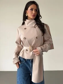 Firerie Abrigo corto tipo gabardina para mujer, casual elegante, de moda diaria y streetwear, versátil para ir a la oficina y desplazamientos, con cuello de bufanda, doble botonadura y cinturón, color caqui, otoño - Caqui - Ver 6
