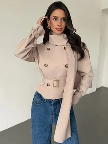 Firerie Abrigo corto tipo gabardina para mujer, casual elegante, de moda diaria y streetwear, versátil para ir a la oficina y desplazamientos, con cuello de bufanda, doble botonadura y cinturón, color caqui, otoño - Caqui - Ver 11