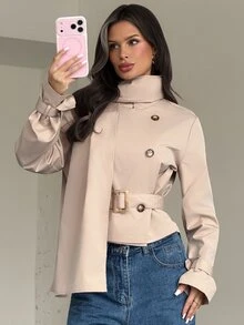 Firerie Abrigo corto tipo gabardina para mujer, casual elegante, de moda diaria y streetwear, versátil para ir a la oficina y desplazamientos, con cuello de bufanda, doble botonadura y cinturón, color caqui, otoño - Caqui - Ver 5