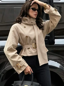 Firerie Abrigo corto tipo gabardina para mujer, casual elegante, de moda diaria y streetwear, versátil para ir a la oficina y desplazamientos, con cuello de bufanda, doble botonadura y cinturón, color caqui, otoño - Caqui - Ver 3