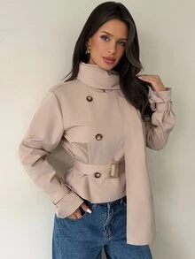 Firerie Abrigo corto tipo gabardina para mujer, casual elegante, de moda diaria y streetwear, versátil para ir a la oficina y desplazamientos, con cuello de bufanda, doble botonadura y cinturón, color caqui, otoño - Caqui - Ver 7