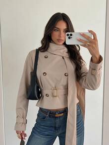 Firerie Abrigo corto tipo gabardina para mujer, casual elegante, de moda diaria y streetwear, versátil para ir a la oficina y desplazamientos, con cuello de bufanda, doble botonadura y cinturón, color caqui, otoño - Caqui - Ver 2