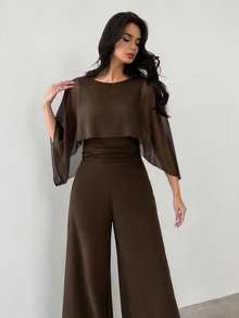 Firerie Women's Elegant Minimalist Street Fashion Commute Back To School Teacher Outfit Mesh Shawl 2 In 1 High Waist Ruched Brown Wide Leg Jumpsuit - Brown - View 4