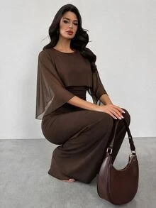 Firerie Women's Elegant Minimalist Street Fashion Commute Back To School Teacher Outfit Mesh Shawl 2 In 1 High Waist Ruched Brown Wide Leg Jumpsuit - Brown - View 6