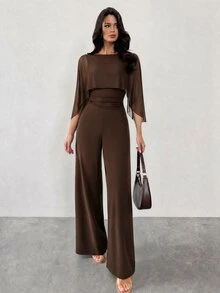 Firerie Women's Elegant Minimalist Street Fashion Commute Back To School Teacher Outfit Mesh Shawl 2 In 1 High Waist Ruched Brown Wide Leg Jumpsuit - Brown - View 5
