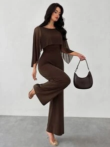 Firerie Women's Elegant Minimalist Street Fashion Commute Back To School Teacher Outfit Mesh Shawl 2 In 1 High Waist Ruched Brown Wide Leg Jumpsuit - Brown - View 3