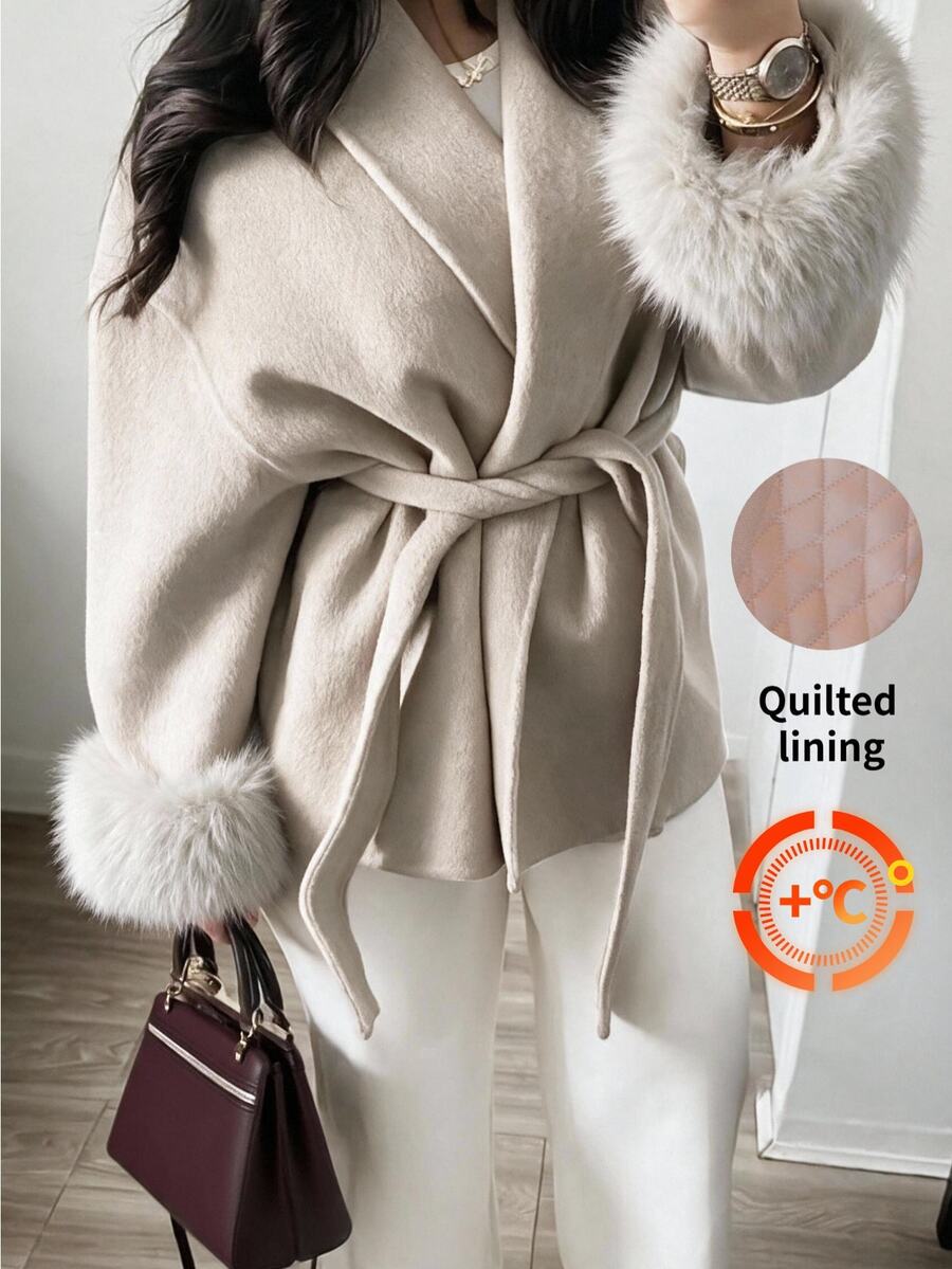 Firerie Minimalist Casual Chic Commuter Long Sleeve Coat, Solid Color Faux Shearling Patchwork Women's Jacket Down Coat, Suitable For Office, Date, Vacation - Khaki - View 1