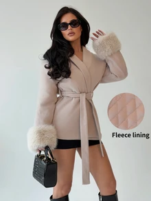 Firerie Minimalist Casual Chic Commuter Long Sleeve Coat, Solid Color Faux Shearling Patchwork Women's Jacket Down Coat, Suitable For Office, Date, Vacation - Khaki - View 5
