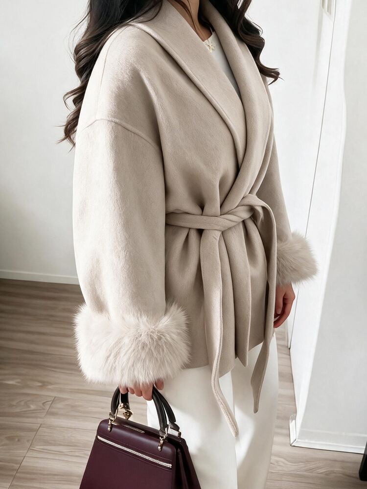 Firerie Minimalist Casual Chic Commuter Long Sleeve Coat, Solid Color Faux Shearling Patchwork Women's Jacket Down Coat, Suitable For Office, Date, Vacation - Khaki - View 2