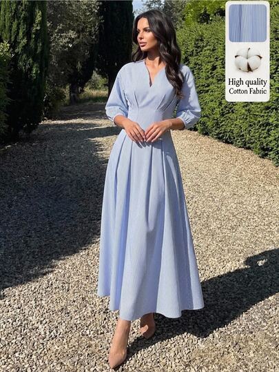 Firerie Women's Elegant Autumn Commute Office Vacation Romantic Exquisite V-Neck Lantern Sleeve Pleated Waist A-Line Mid-Length White Dress