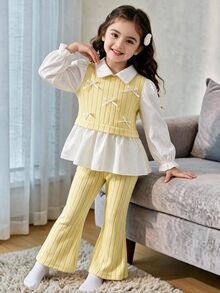 Elladie kids 女童2件套套裝 白色領口泡泡袖長袖荷葉邊上衣搭配黃色針織小蝴蝶結裝飾背心 高腰黃色長褲聖誕套裝 - 黃色 - 查看 3