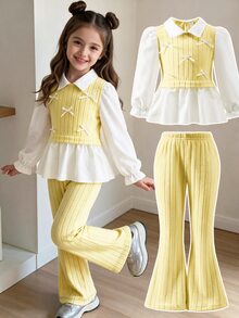 Elladie kids 女童2件套套裝 白色領口泡泡袖長袖荷葉邊上衣搭配黃色針織小蝴蝶結裝飾背心 高腰黃色長褲聖誕套裝 - 黃色 - 查看 6