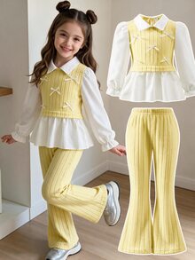 Elladie kids 女童2件套套裝 白色領口泡泡袖長袖荷葉邊上衣搭配黃色針織小蝴蝶結裝飾背心 高腰黃色長褲聖誕套裝 - 黃色 - 查看 5
