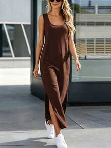 MYSTAURA Light Gray Side Slit Long Tank Dress - Coffee Brown - View 1