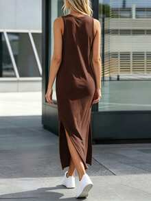 MYSTAURA Light Gray Side Slit Long Tank Dress - Coffee Brown - View 3