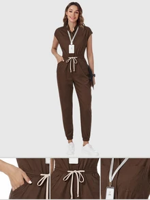 TaskEZ 女款護理師刷手服連身褲，手術刷手服，醫療人員刷手服，附肩袖、4個口袋與腰部抽繩 - 彩色 - 查看 7
