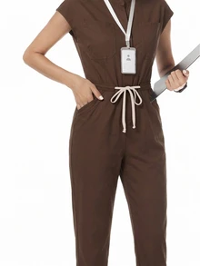 TaskEZ 女款護理師刷手服連身褲，手術刷手服，醫療人員刷手服，附肩袖、4個口袋與腰部抽繩 - 彩色 - 查看 8