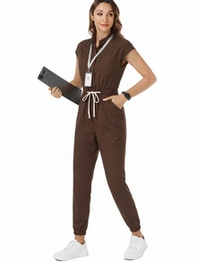 TaskEZ 女款護理師刷手服連身褲，手術刷手服，醫療人員刷手服，附肩袖、4個口袋與腰部抽繩 - 彩色 - 查看 6