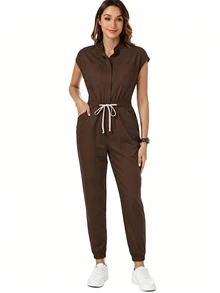 TaskEZ 女款護理師刷手服連身褲，手術刷手服，醫療人員刷手服，附肩袖、4個口袋與腰部抽繩 - 彩色 - 查看 3